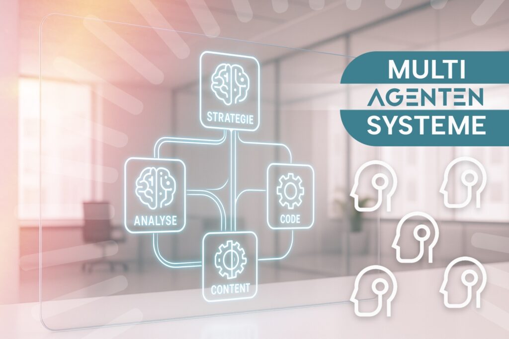 Grafische Darstellung eines Organigramms mit den Bereichen Analyse, Strategie, Content und Code, daneben Schriftzug „Multi-Agenten-Systeme“.