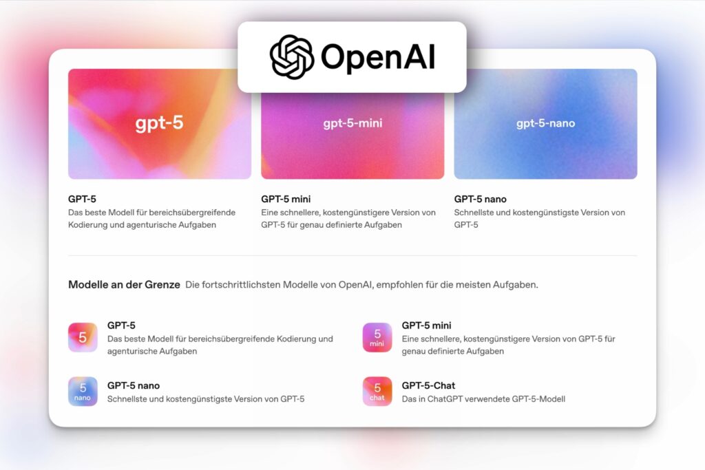 Darstellung der OpenAI-Produktpalette mit den Modellen GPT-5, GPT-5 mini und GPT-5 nano, jeweils mit Beschreibung und OpenAI-Logo.