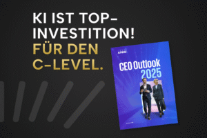Grafik mit schwarzem Hintergrund, goldener Schrift „KI ist Top-Investition! Für den C-Level.“ und der KPMG-Studie „CEO Outlook 2025“ als Coverabbildung.