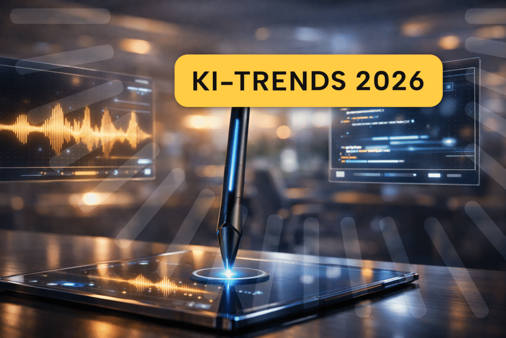 Futuristischer KI-Stift berührt ein Tablet, umgeben von holografischen Displays mit Sprachwellen und Code, darüber der Schriftzug „KI-Trends 2026“.