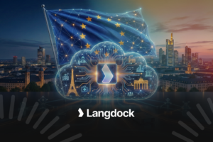 Digitale Wolke mit EU-Flagge, KI-Schaltkreis und europ&auml;ischer Skyline, darunter das Logo &bdquo;Langdock&ldquo;.