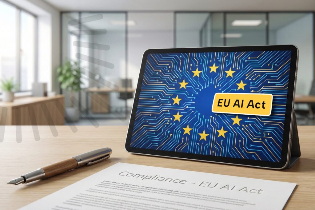 Tablet auf Schreibtisch mit EU-Flagge im Schaltkreis-Design und Schriftzug „EU AI Act“, daneben ein Dokument mit der Überschrift 