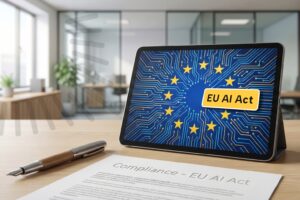 Tablet auf Schreibtisch mit EU-Flagge im Schaltkreis-Design und Schriftzug &bdquo;EU AI Act&ldquo;, daneben ein Dokument mit der &Uuml;berschrift "Compliance &ndash; EU AI Act".
