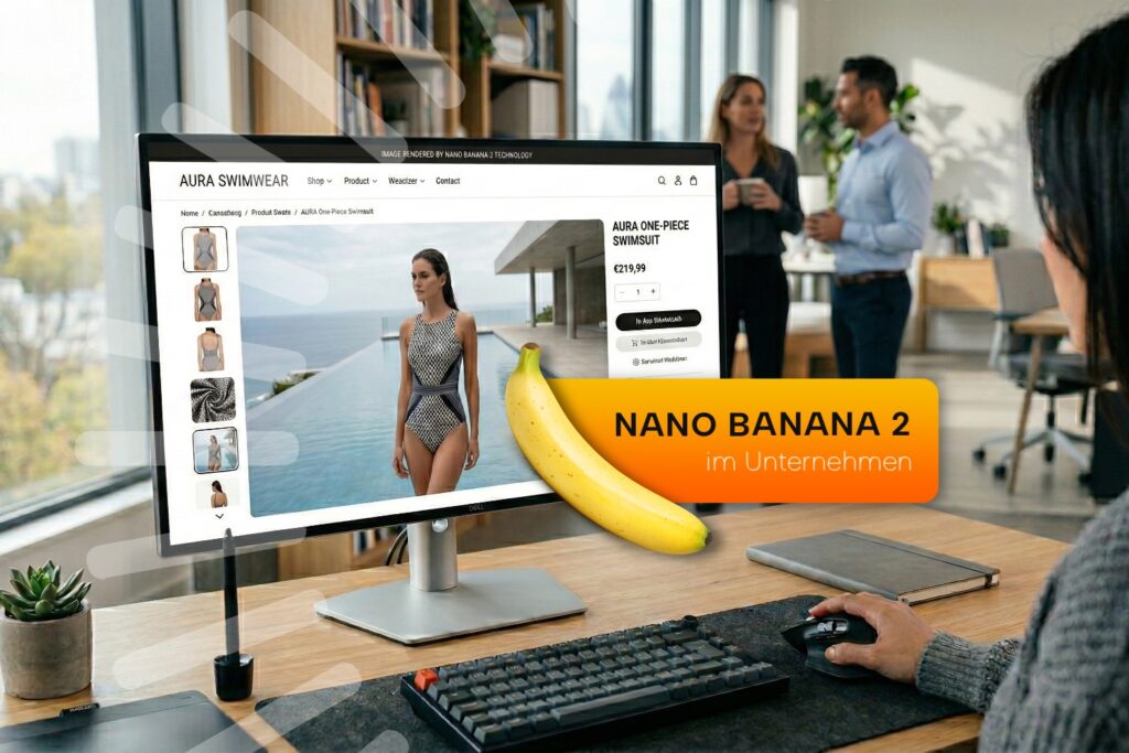 Arbeitsplatz mit Monitor, der einen Online-Shop für Swimwear zeigt, daneben eine große Banane und der Schriftzug „Nano Banana 2 im Unternehmen“.