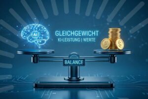 Waage mit KI-Gehirn auf der einen Seite und M&uuml;nzstapel mit Euro- und Dollarzeichen auf der anderen Seite, mit dem Text &bdquo;Gleichgewicht KI-Leistung | Werte&ldquo;.