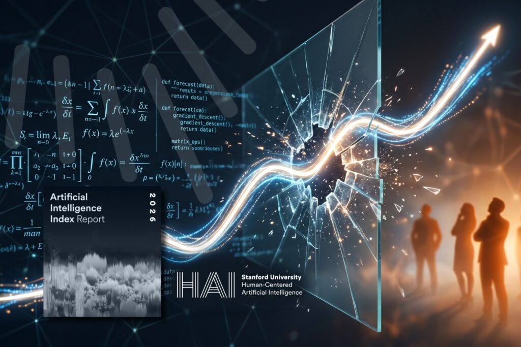 Visualisierung eines Durchbruchs durch eine Glaswand mit Daten, Formeln und Code sowie Hinweis auf den Artificial Intelligence Index Report 2026 von Stanford HAI.