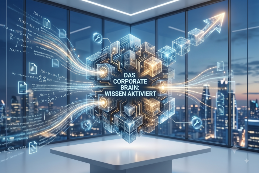 Digitales Corporate Brain mit vernetzten Daten, Dokumenten und KI-Strukturen sowie dem Schriftzug „Das Corporate Brain: Wissen aktiviert“.